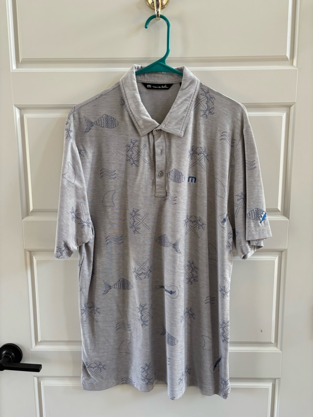 Travis Mathew Gray Printed Polo Shirt Size Large | Golf Casual Beach Print